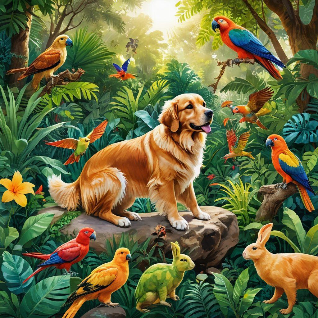 A vivid scene depicting a harmonious blend of domestic and exotic pets in a lush, green garden. In the foreground, a golden retriever plays with a colorful parrot, while in the background, a serene tortoise and a curious rabbit coexist among a variety of tropical plants. Bright sunlight filters through the foliage, highlighting the bond between species. Illustrative style with enhanced details and bright colors to evoke a sense of wonder. vibrant colors. nature illustration.