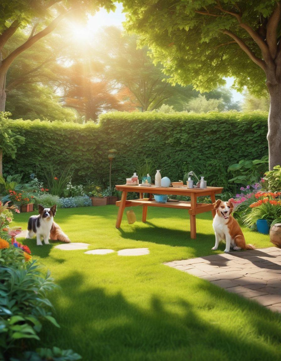 A vibrant pet care scene featuring a diverse array of happy pets including a dog, cat, rabbit, and bird, interacting playfully in a lush green park. Include elements like a pet grooming station, food bowls, and toys spread around to suggest care and welfare. The sun shines brightly, creating a warm and inviting atmosphere that conveys love and companionship. super-realistic. vibrant colors. expansive outdoor background.