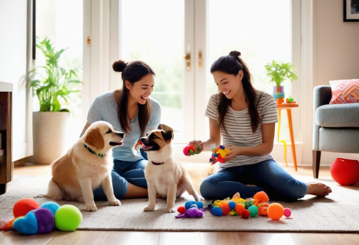 A heartwarming scene of a happy family with their newly adopted puppy, surrounded by colorful toys and training tools in a bright, cheerful living room. The puppy is joyfully playing with a squeaky toy, while the family members sit on the floor, engaging with it, showcasing love and care. Soft sunlight streams in through a window, enhancing the joyful atmosphere. playful cartoon style. vibrant colors. soft edges.